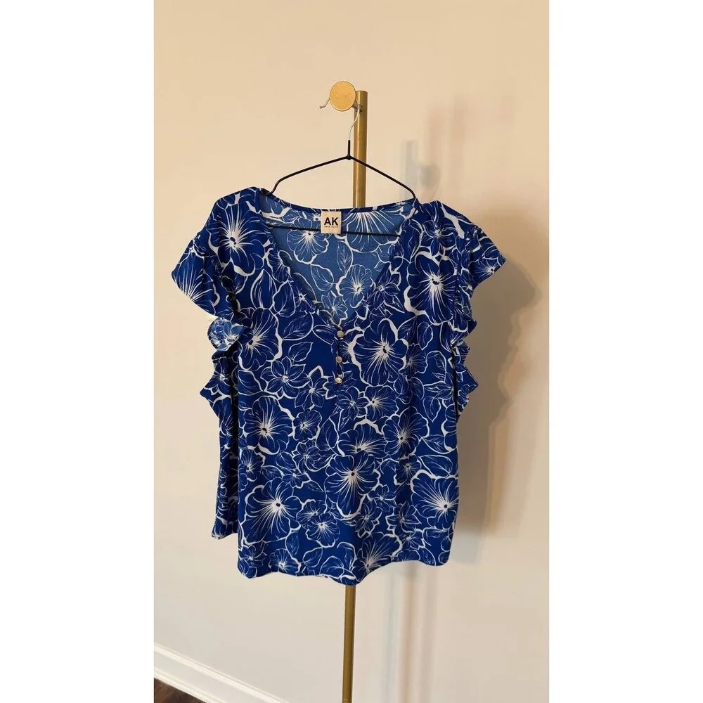 AK Anne Klein Blue Floral Blouse Short Sleeve V-Neck Ruffled Cap Size L - Picture 4 of 6